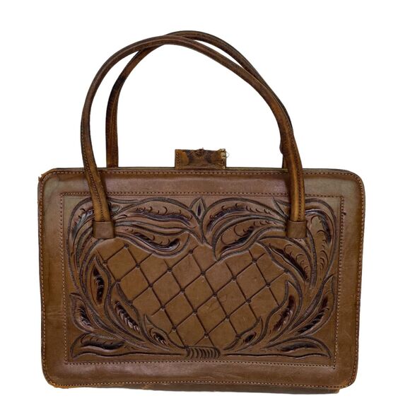Vintage Brown Leather Hand Tooled Mexican Bag Purse with Duck Pond Scene - Picture 2 of 16